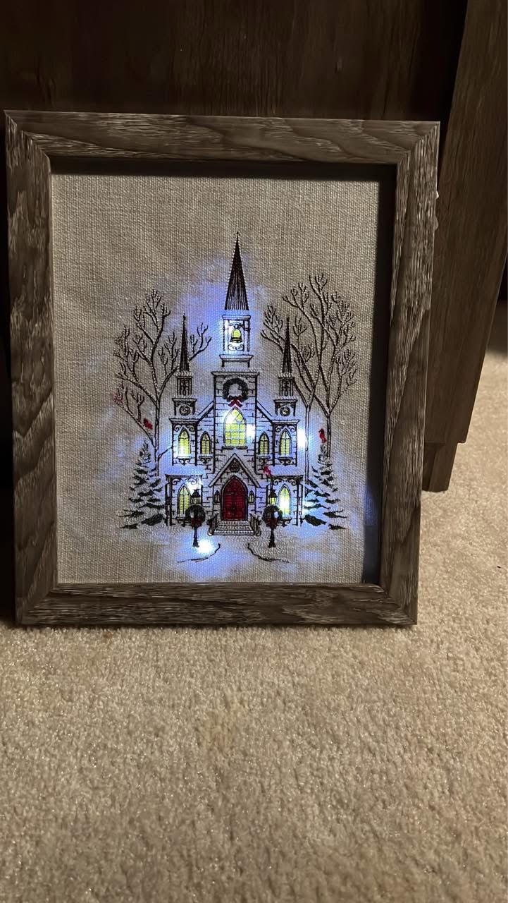 Illuminated Embroidered Winter Church Framed Wall Art