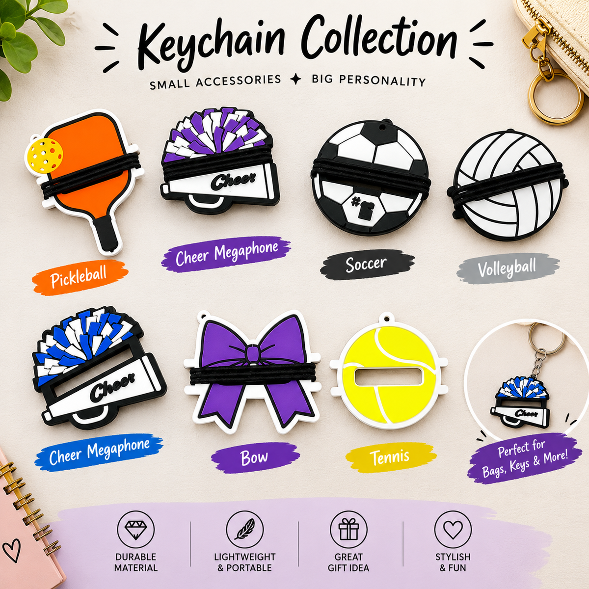 Keychains, Hair Tie Holders & Bag Tags