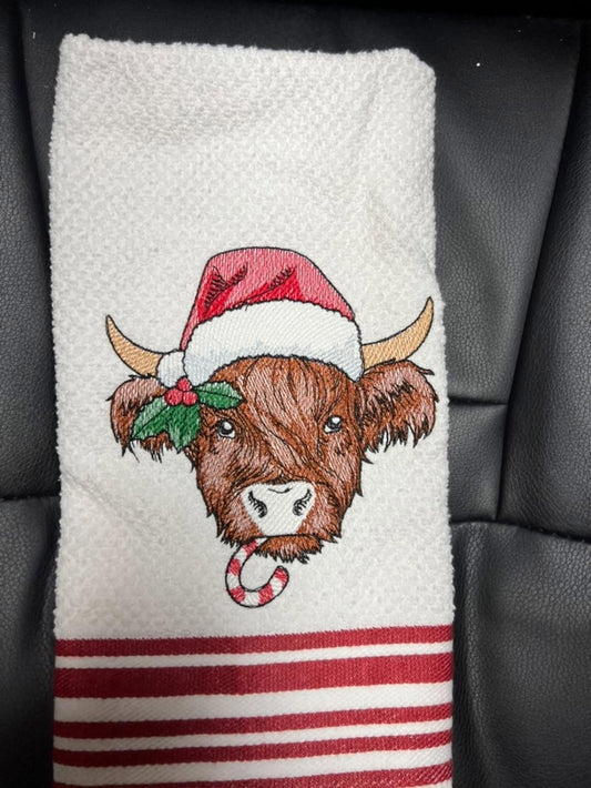 Embroidered Christmas Highland Cow Waffle Towel