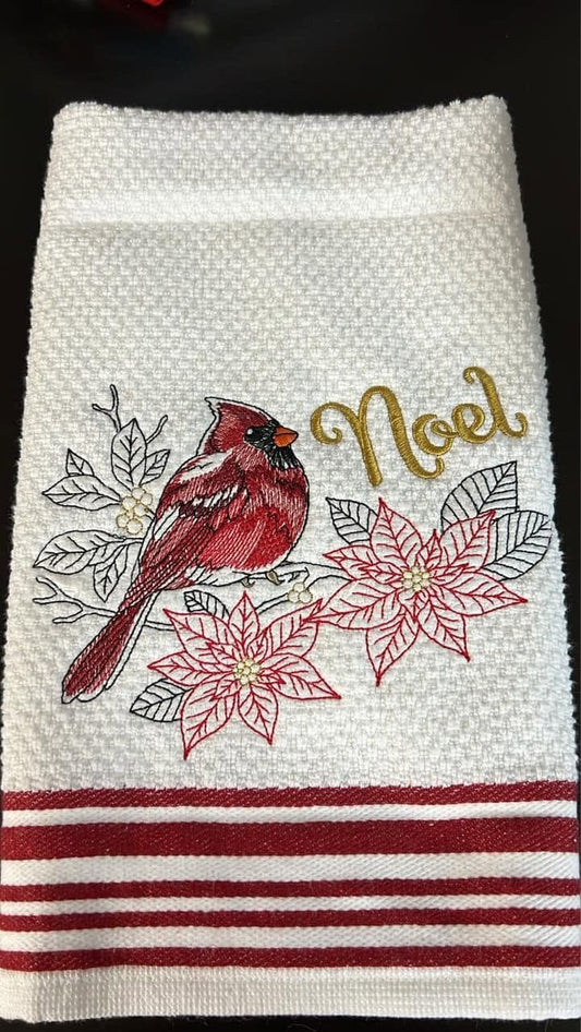 Embroidered Christmas Red Cardinal & "Noel" Waffle Towel