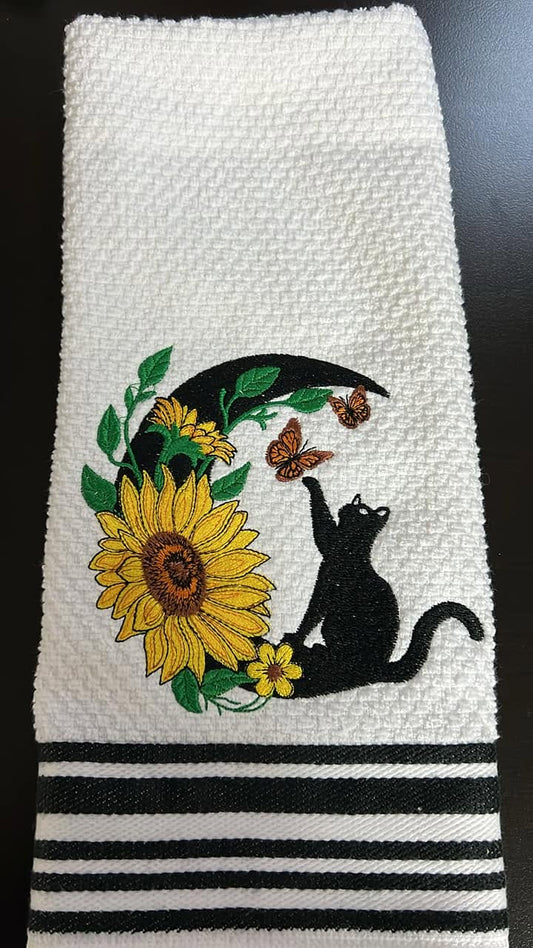 Embroidered Black Cat & Sunflower Waffle Towel