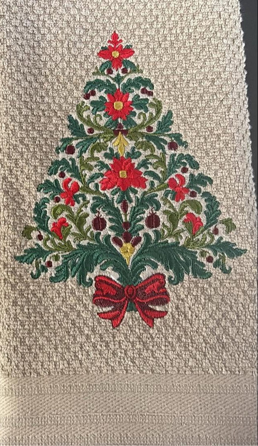 Embroidered Floral Christmas Tree Waffle Towel