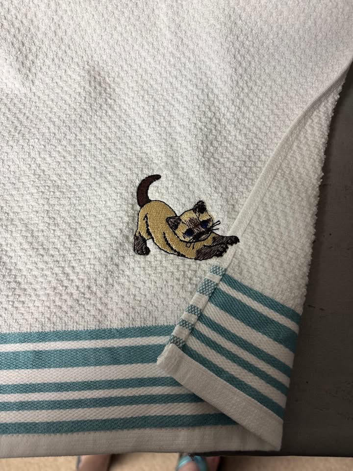 Embroidered Stretching Siamese Cat Waffle Kitchen Towel