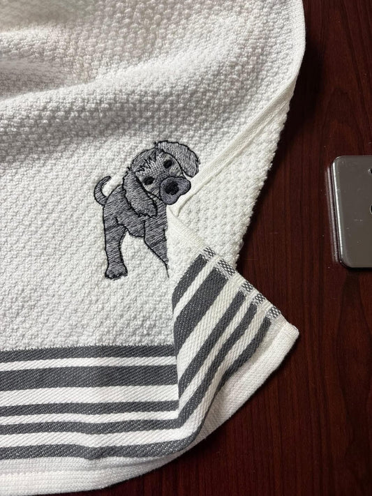 Embroidered Grey Puppy Waffle Kitchen Towel