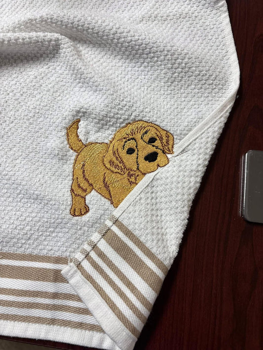 Embroidered Golden Retriever Puppy Waffle Kitchen Towel