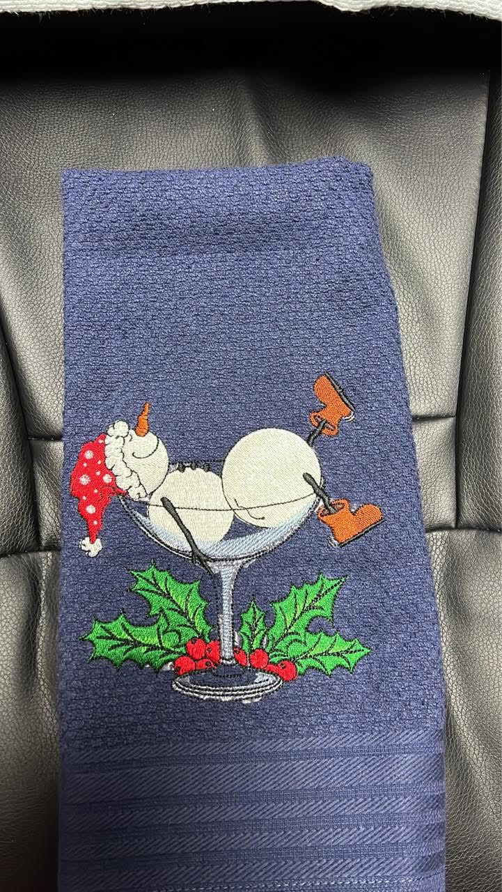 Embroidered Snowman Martini Glass Waffle Kitchen Towel