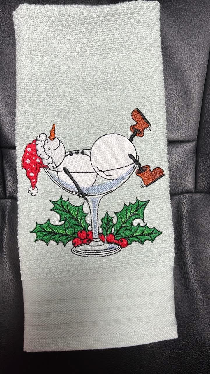 Embroidered Snowman Martini Glass Waffle Kitchen Towel