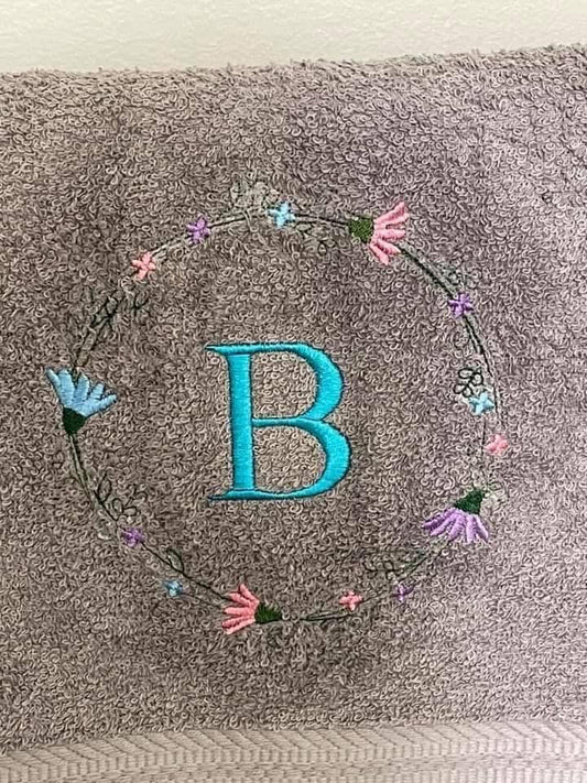 Custom Embroidered Floral Wreath Monogram Plush Towel