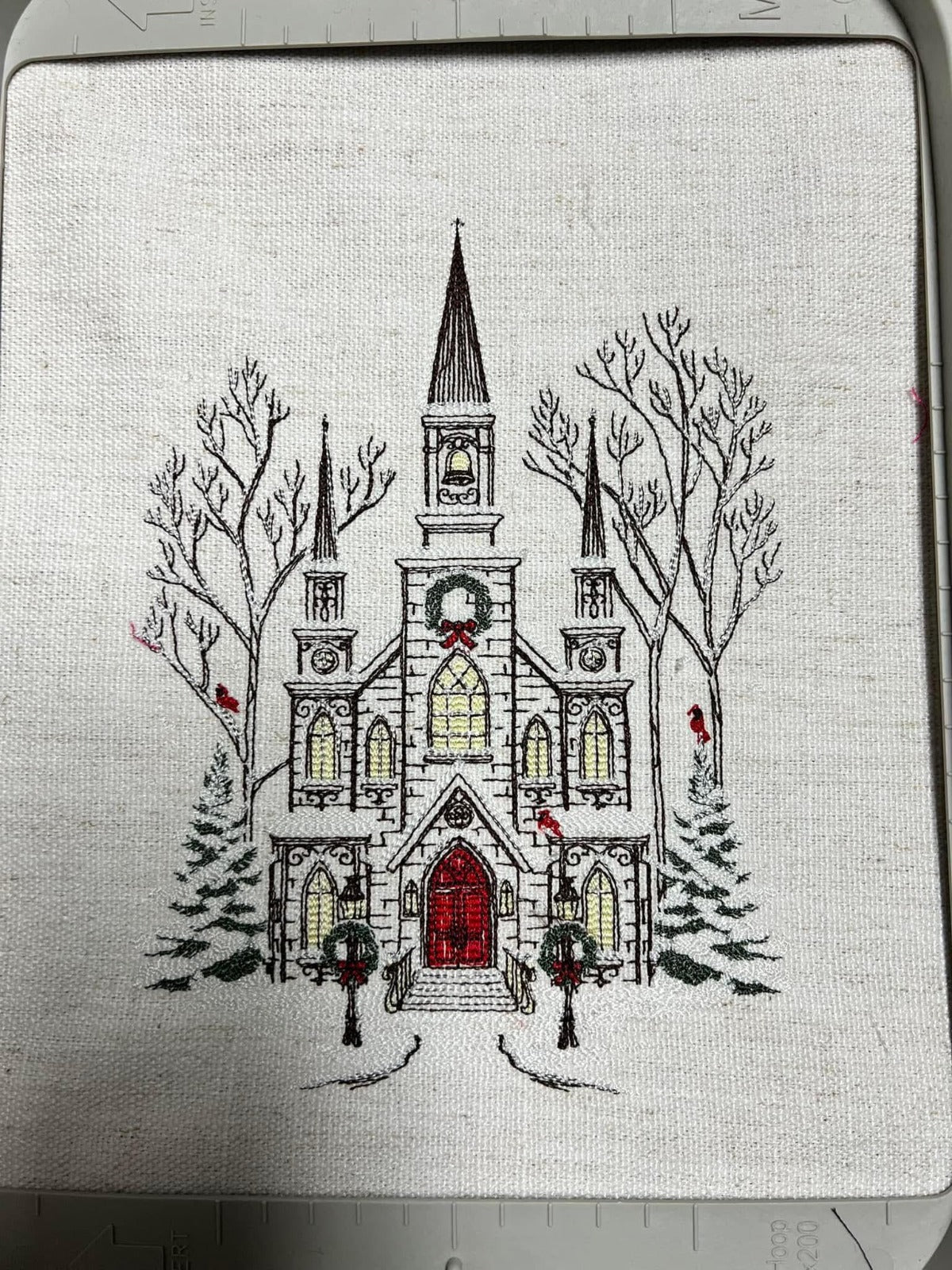 Illuminated Embroidered Winter Church Framed Wall Art