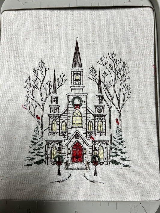 Illuminated Embroidered Winter Church Framed Wall Art
