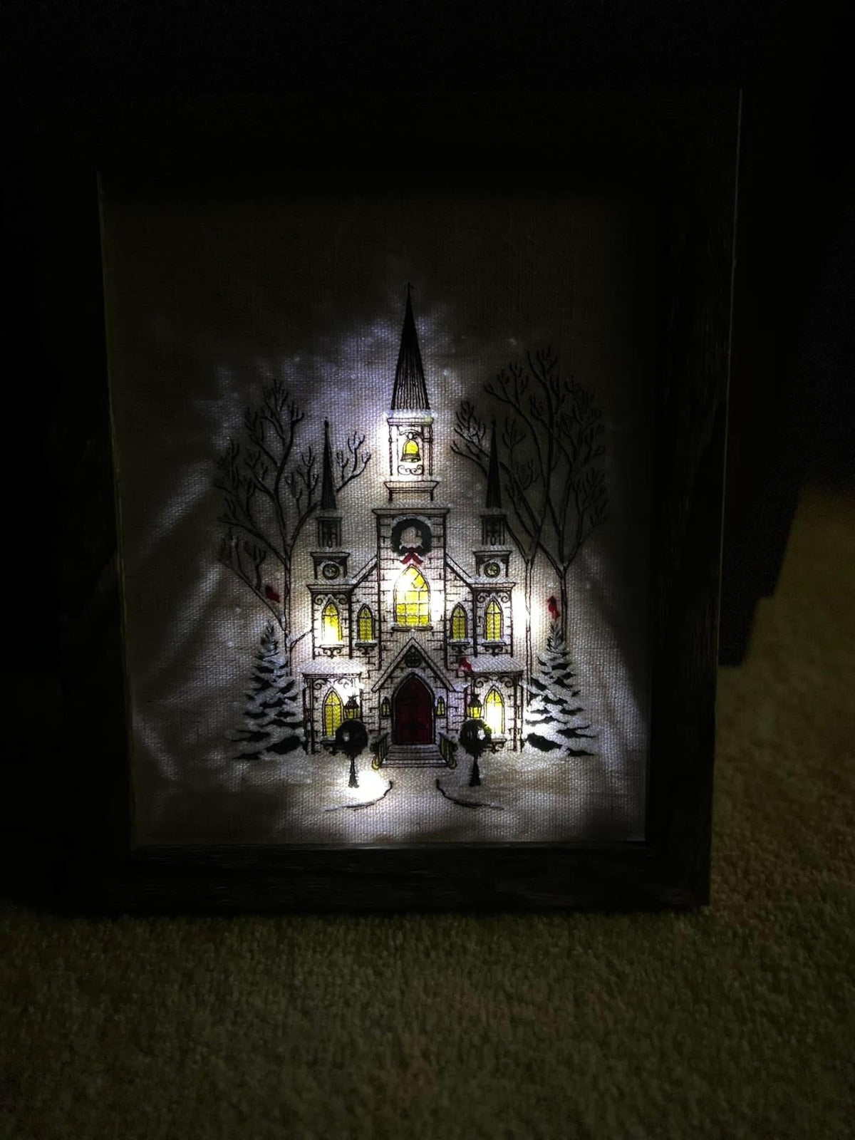 Illuminated Embroidered Winter Church Framed Wall Art