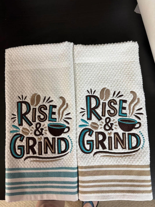 Embroidered "Rise & Grind" Coffee Kitchen Towel