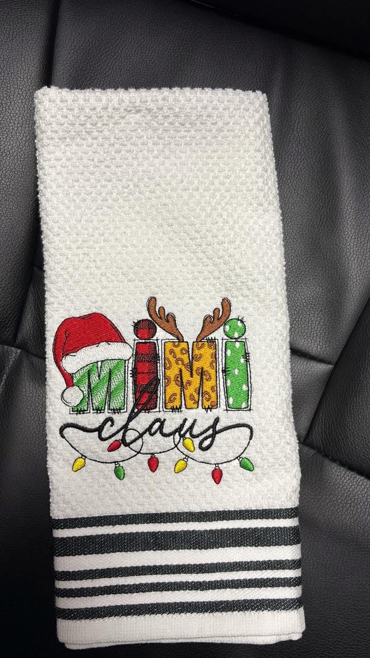 Embroidered "MIMI Claus" Christmas Waffle Kitchen Towel