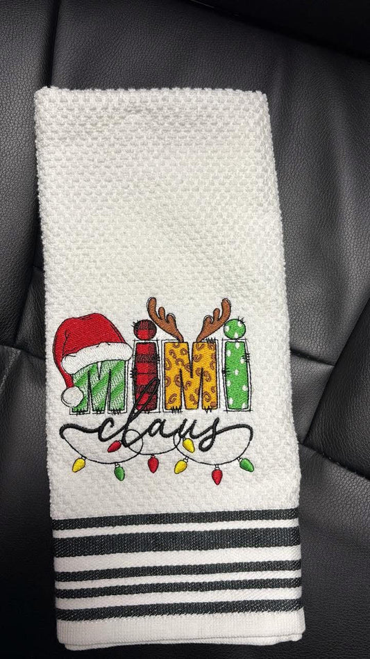 Embroidered "MIMI Claus" Christmas Waffle Kitchen Towel