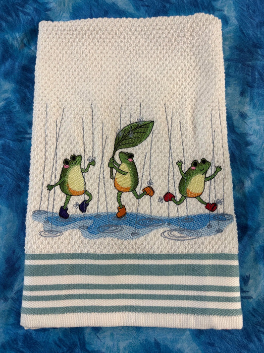 Embroidered Dancing Frogs Kitchen Tea Towel