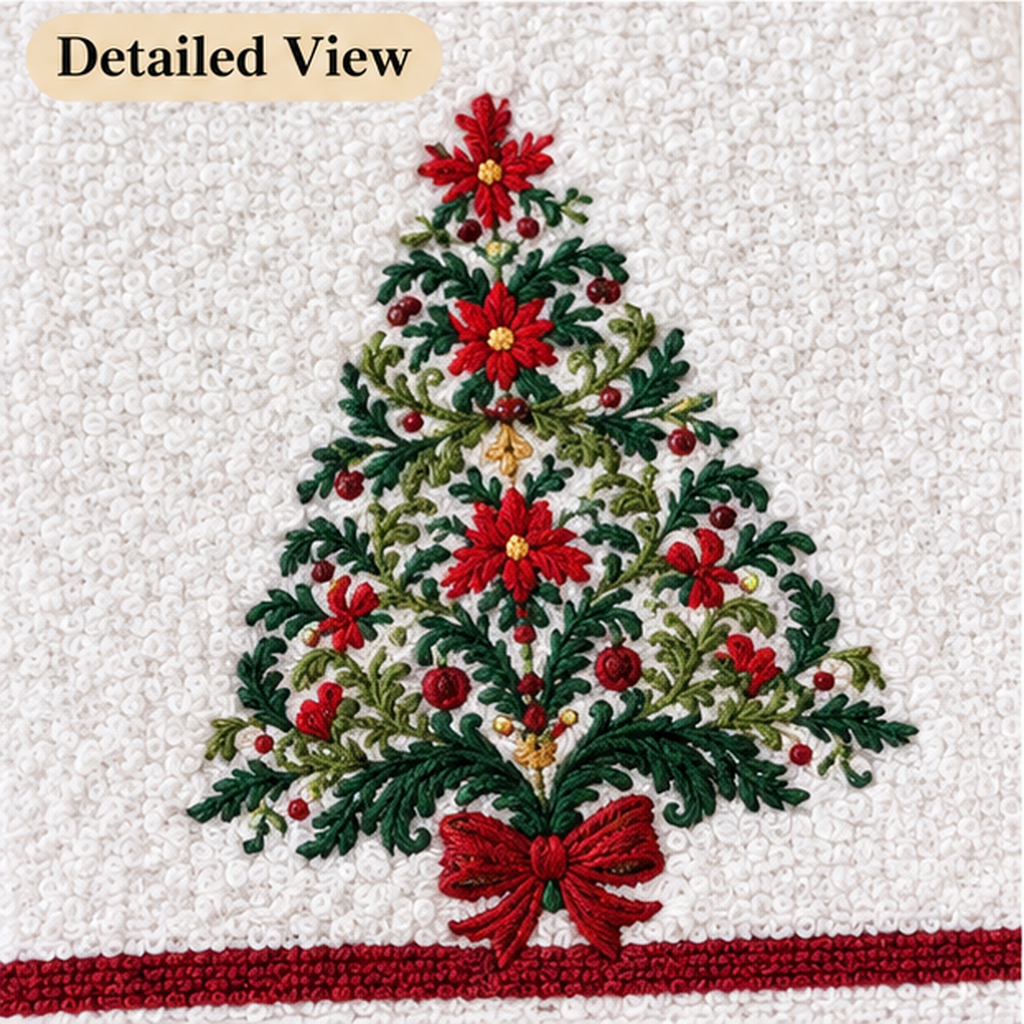 Embroidered Floral Christmas Tree Waffle Towel