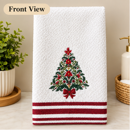 Embroidered Floral Christmas Tree Waffle Towel
