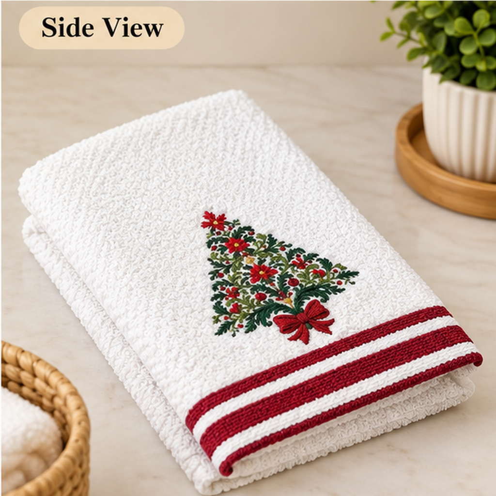 Embroidered Floral Christmas Tree Waffle Towel