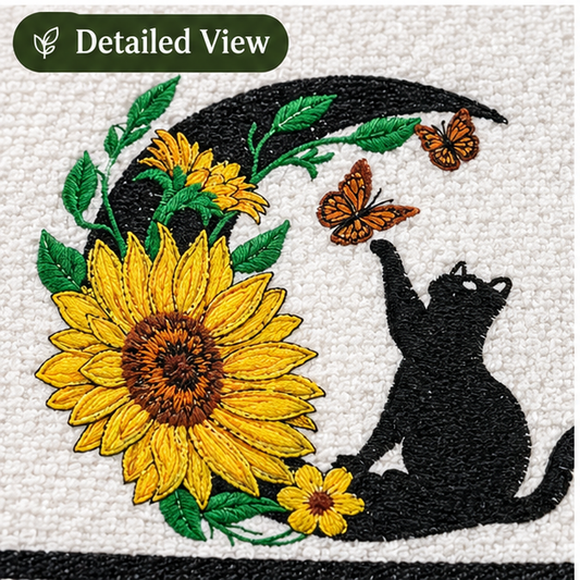 Embroidered Black Cat & Sunflower Waffle Towel
