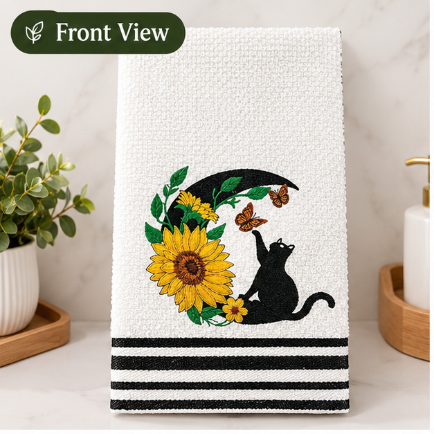 Embroidered Black Cat & Sunflower Waffle Towel