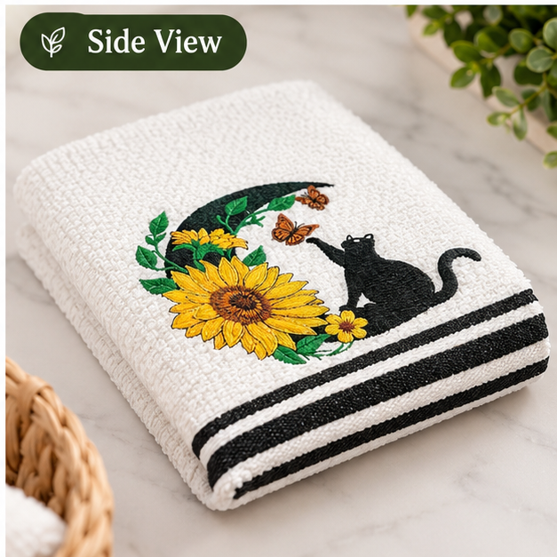 Embroidered Black Cat & Sunflower Waffle Towel