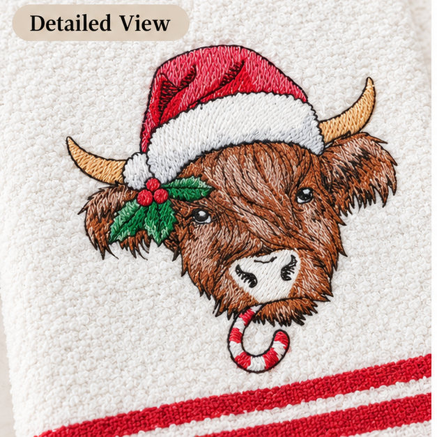 Embroidered Christmas Highland Cow Waffle Towel