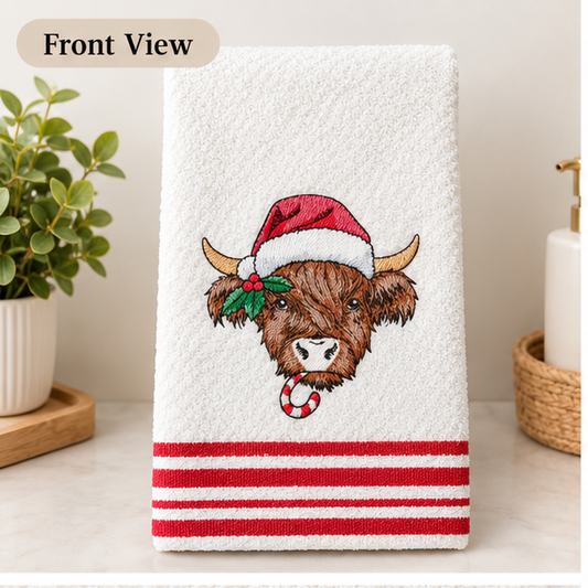 Embroidered Christmas Highland Cow Waffle Towel