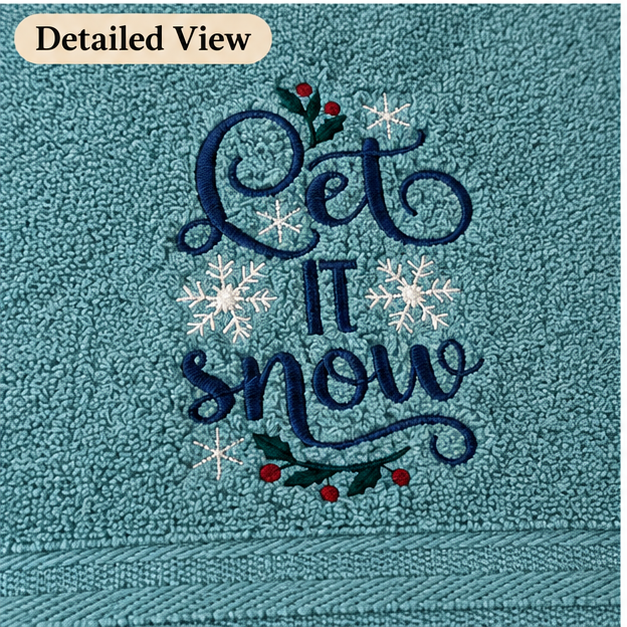 Embroidered "Let It Snow" Waffle Towel in Slate Blue