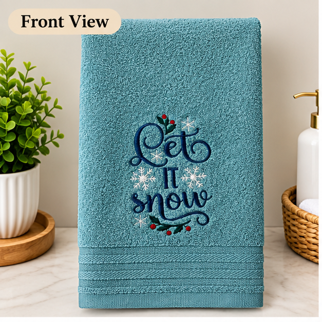 Embroidered "Let It Snow" Waffle Towel in Slate Blue