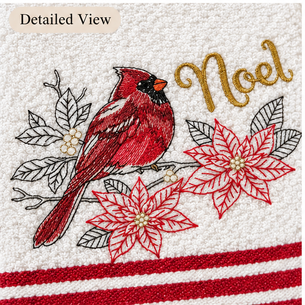 Embroidered Christmas Red Cardinal & "Noel" Waffle Towel
