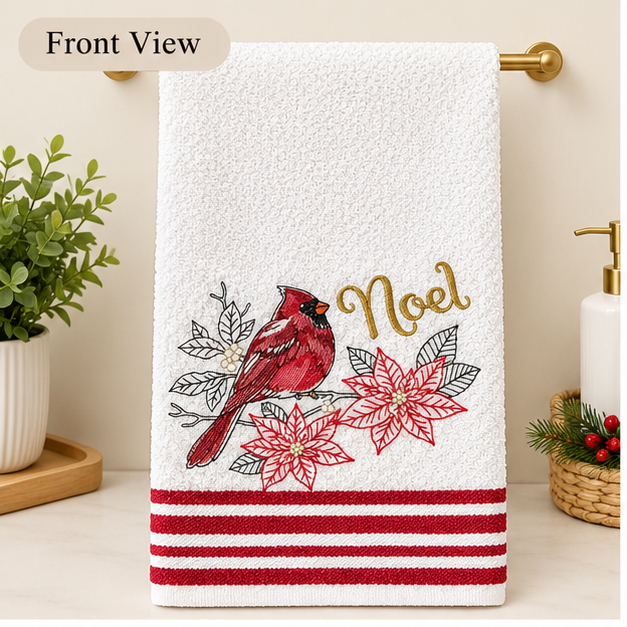 Embroidered Christmas Red Cardinal & "Noel" Waffle Towel