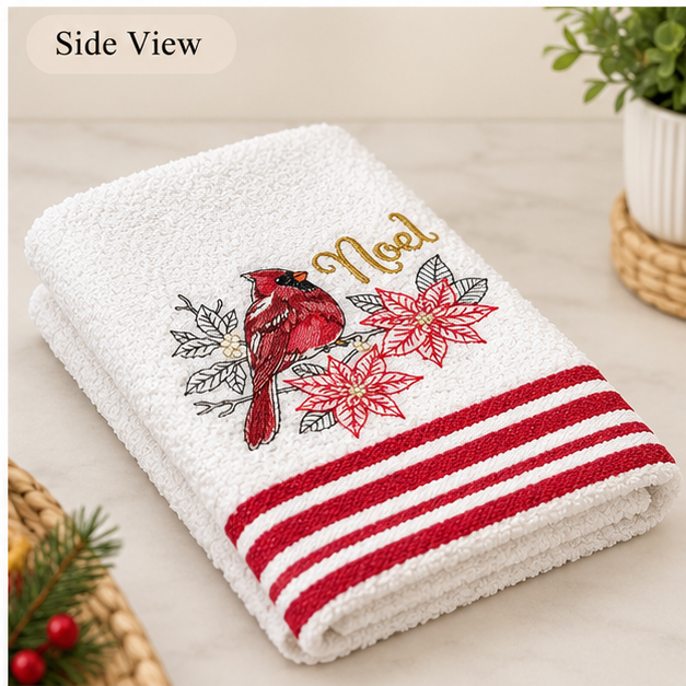 Embroidered Christmas Red Cardinal & "Noel" Waffle Towel