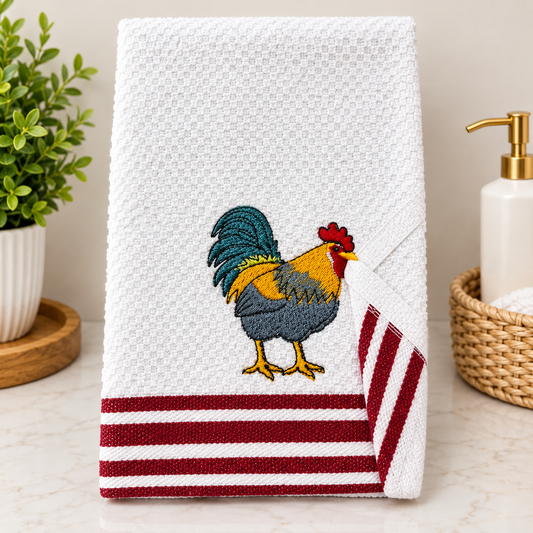 Embroidered Country Rooster Waffle Towel